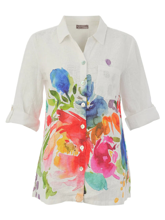 Dolcezza White Floral Linen Blouse
