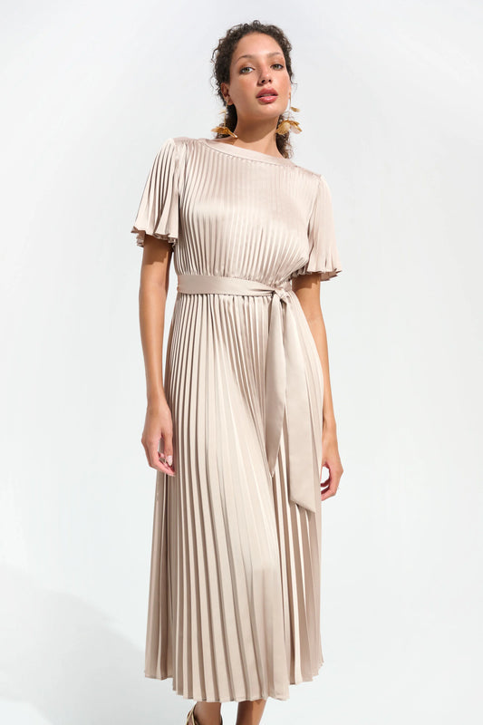 Joseph Ribkoff Pleaded Satin Fit and Flare Dress with Sash Belt