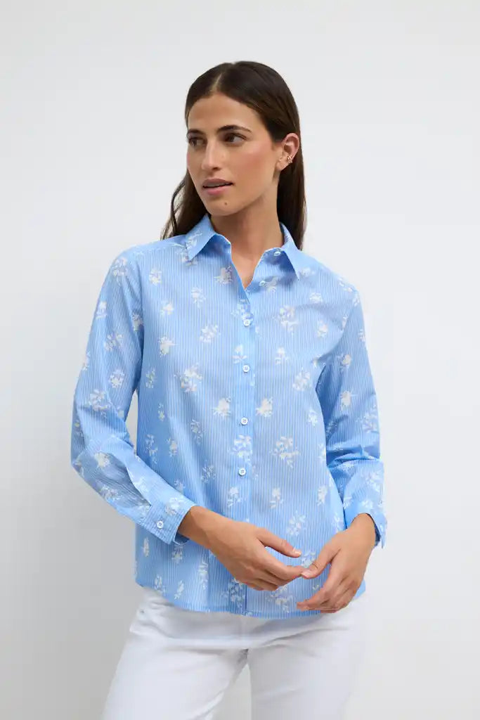 Tinta Light Blue Striped Blouse with White Floral