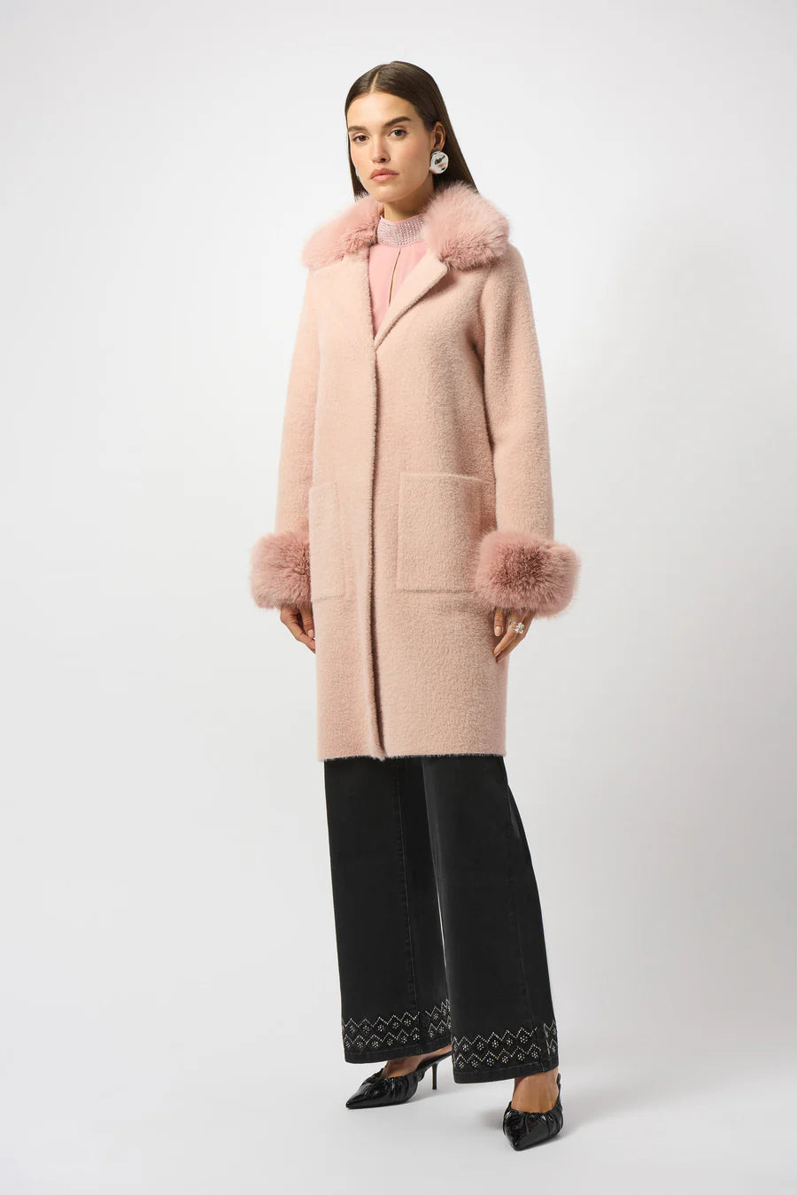 Joseph Ribkoff Feather Yarn and Faux Fur Sweater Coat