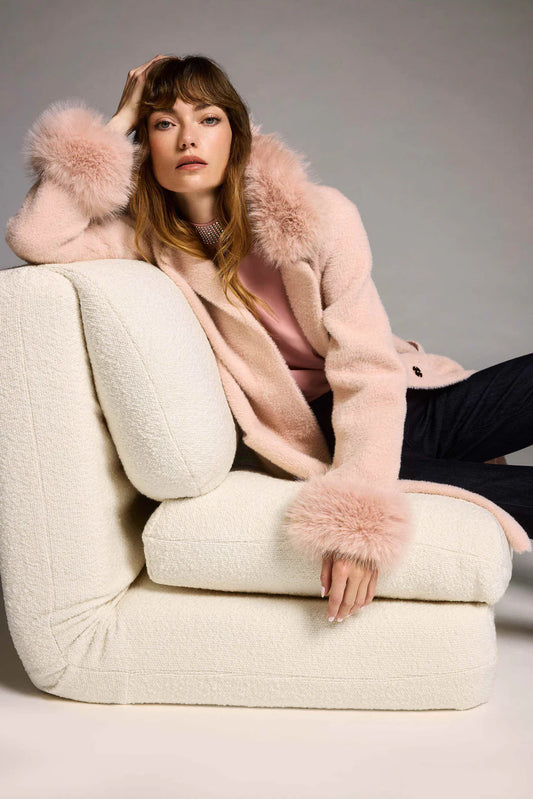Joseph Ribkoff Feather Yarn and Faux Fur Sweater Coat