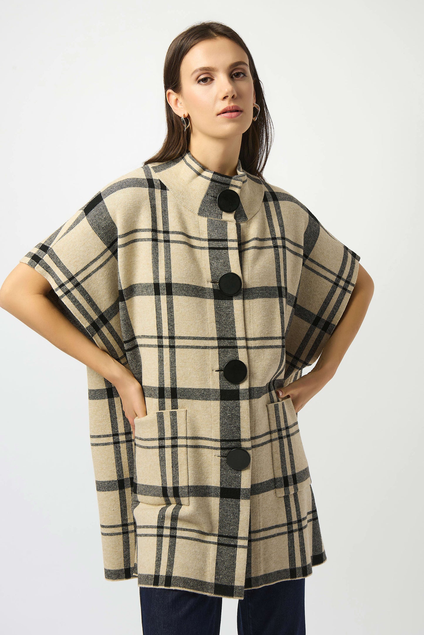 Joseph Ribkoff Jacquard Sweater Knit Plaid Poncho