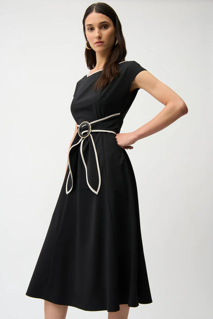 Joseph Ribkoff Stretch Woven Color Block Fit and Flare Dress With Sash