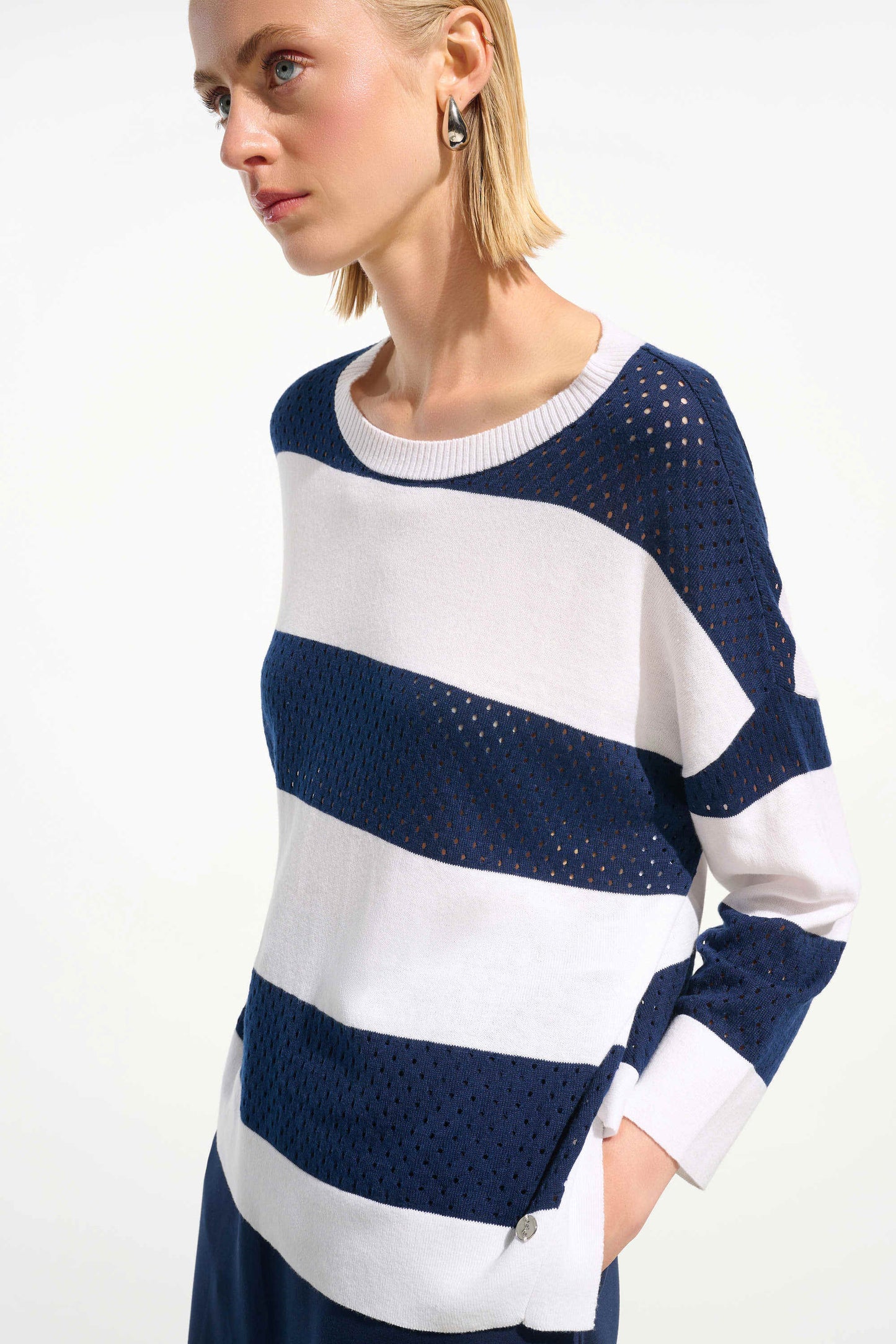 Joseph Ribkoff Cotton Blend Stripe Print Crewneck Sweater
