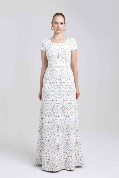Nadya Toto Anais Lace Knit Jacquard Dress - White & Beige
