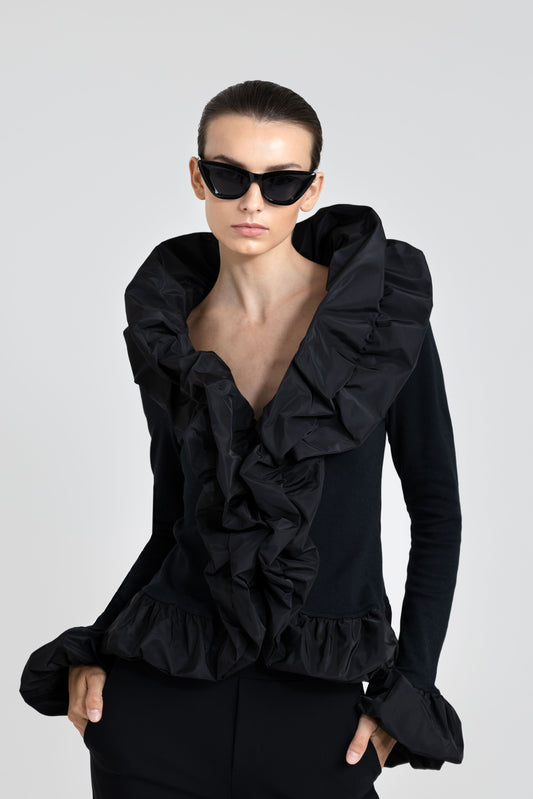 Nadya Toto Cumbia Taffeta Trimmed Long Sleeve Top