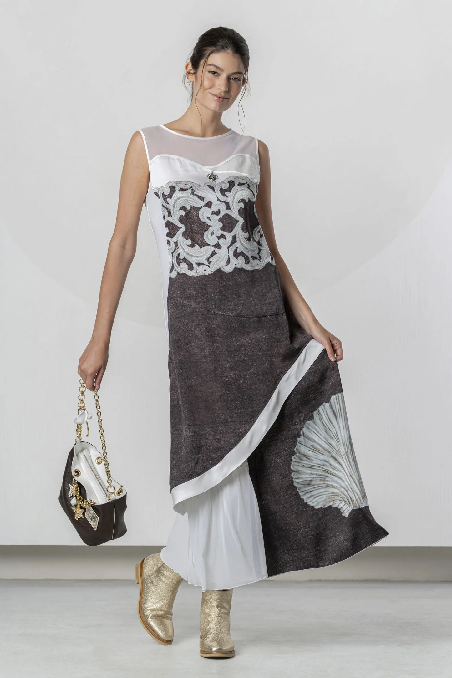 Elisa Cavaletti Long Dress with Brown Maxi Print