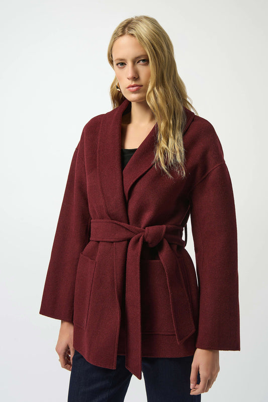 Joseph Ribkoff Merlot Wool Blend Belted Coat with Shawl Collar
