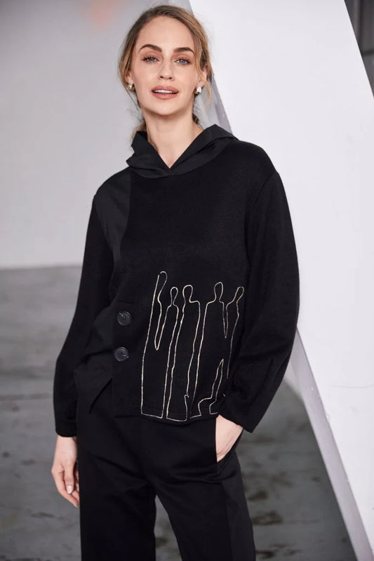 Naya Black Print Hooded Sweater