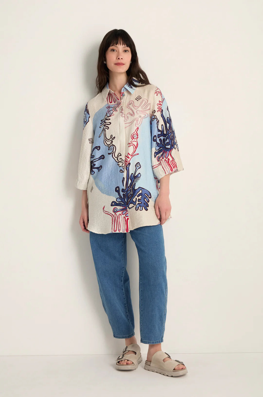 Noen Long Blue Print Blouse