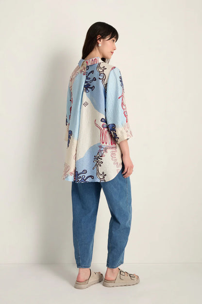 Noen Long Blue Print Blouse