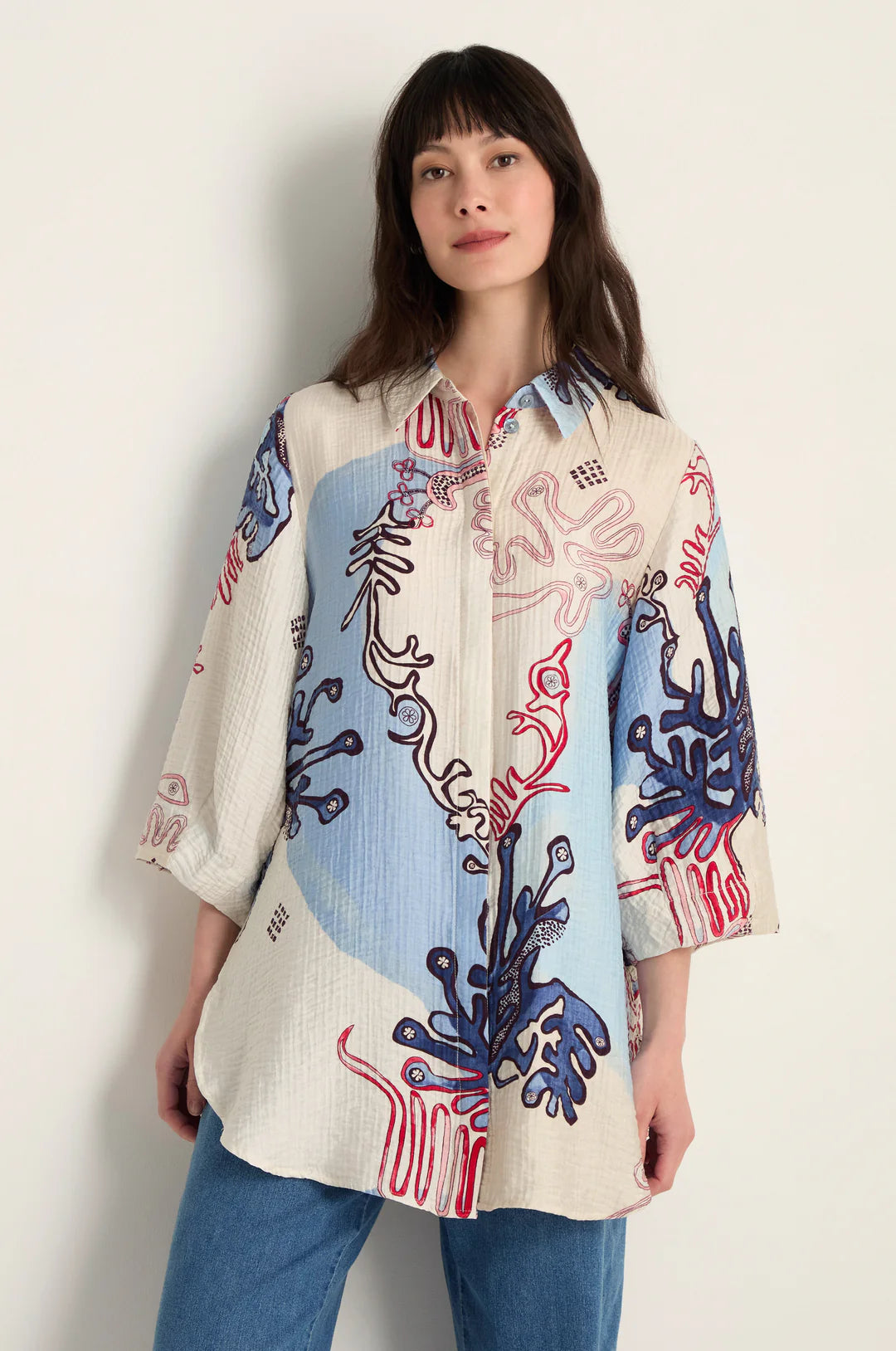 Noen Long Blue Print Blouse
