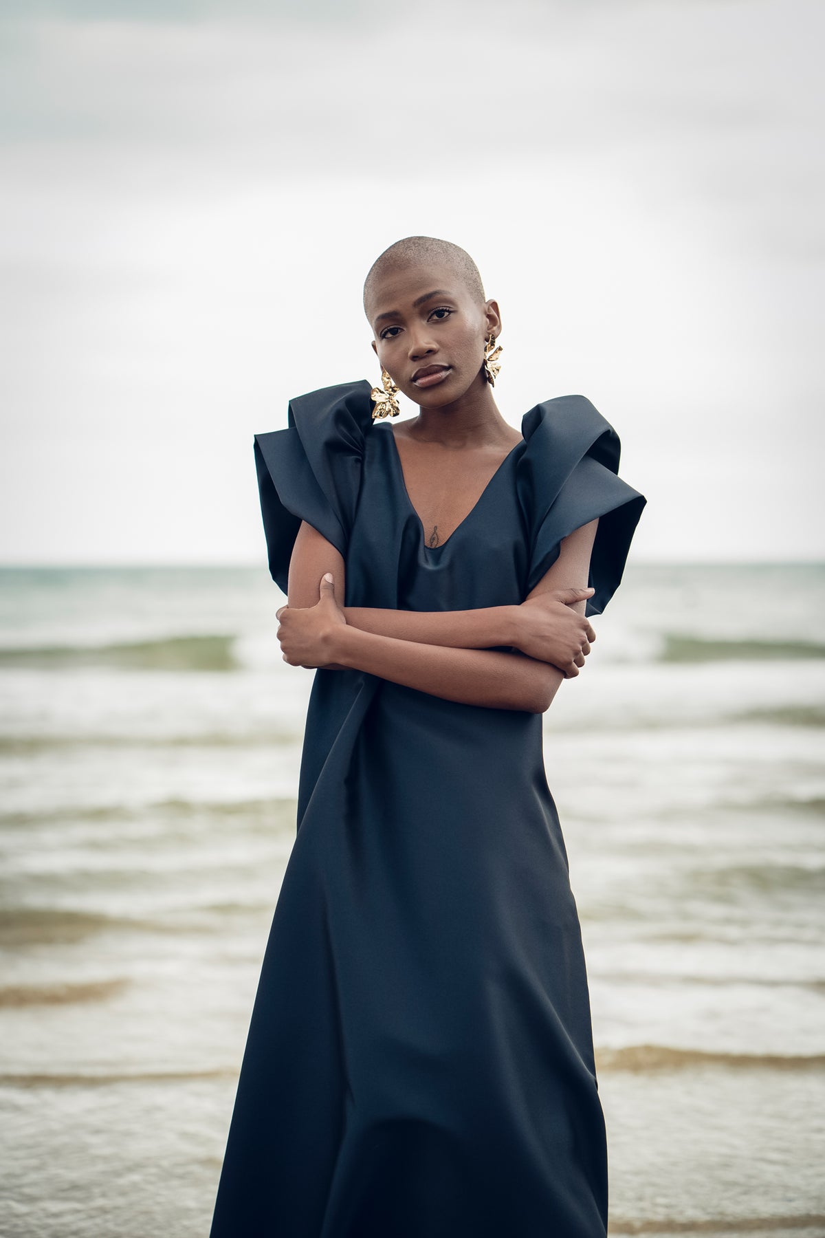 Roisin Linnane Cleo Frill Sleeve Dress - Navy