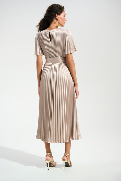 Joseph Ribkoff Pleaded Satin Fit and Flare Dress with Sash Belt