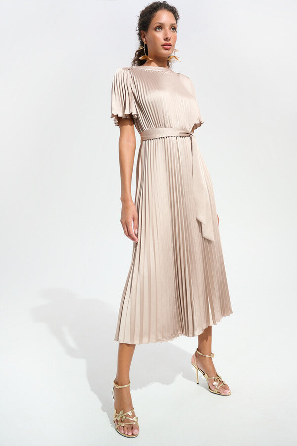 Joseph Ribkoff Pleaded Satin Fit and Flare Dress with Sash Belt