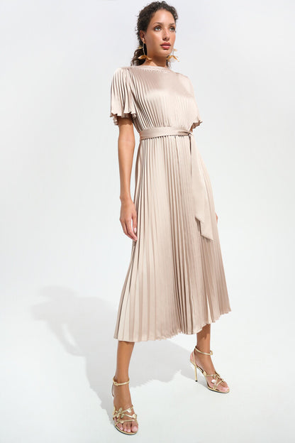 Joseph Ribkoff Pleaded Satin Fit and Flare Dress with Sash Belt