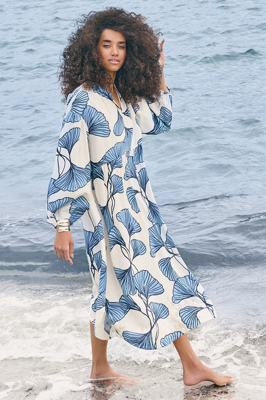 Noen Blue Print Linen Maxi Dress