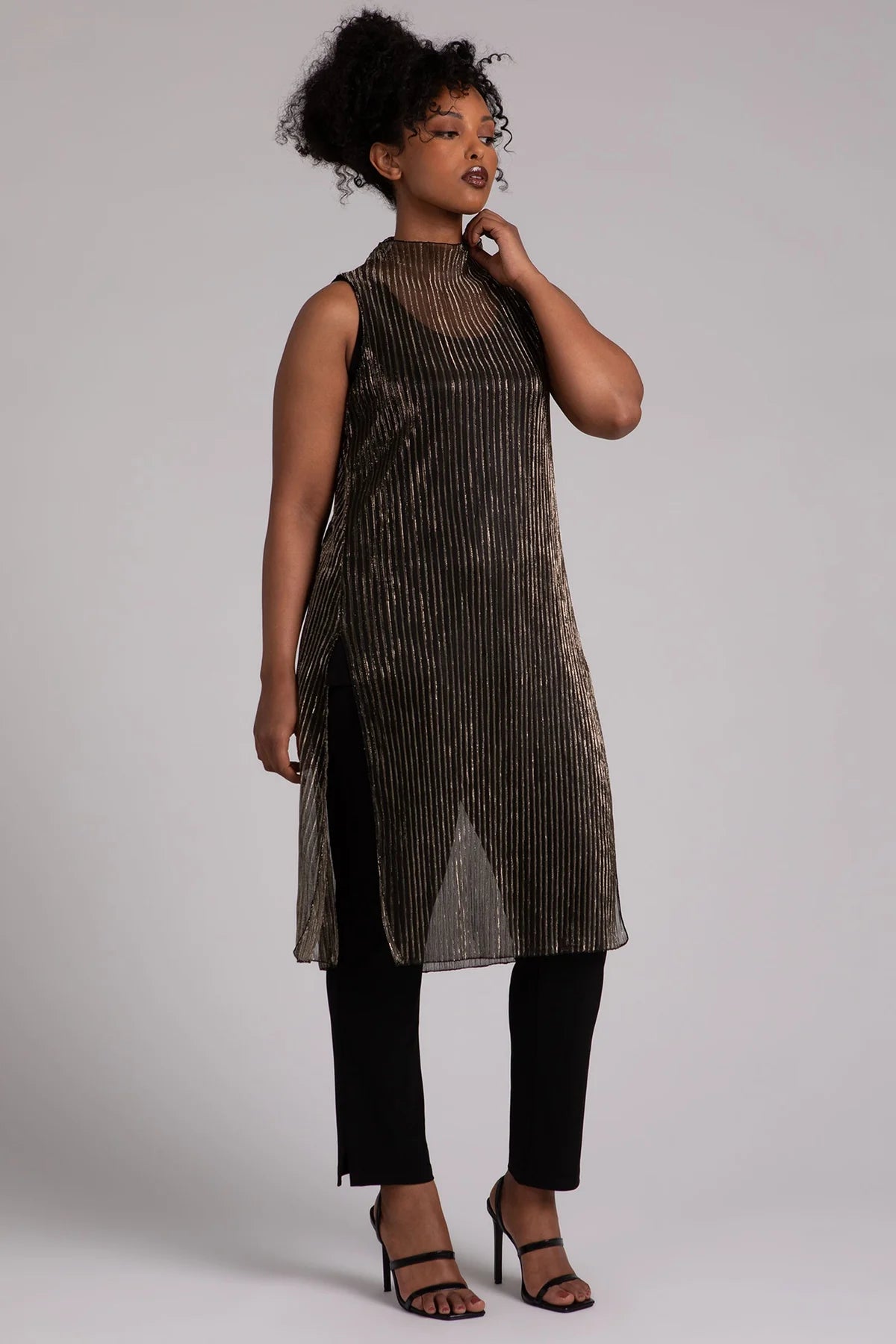 Sympli Pleated Mesh Funnel Neck Slit Tunic